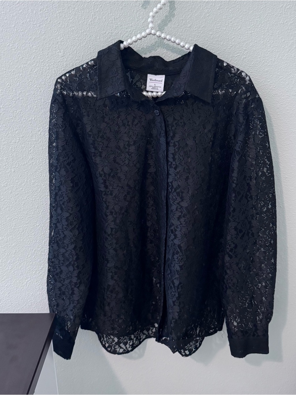 VINTAGE Westbound Black Sheer Lace Button-Down Blouse